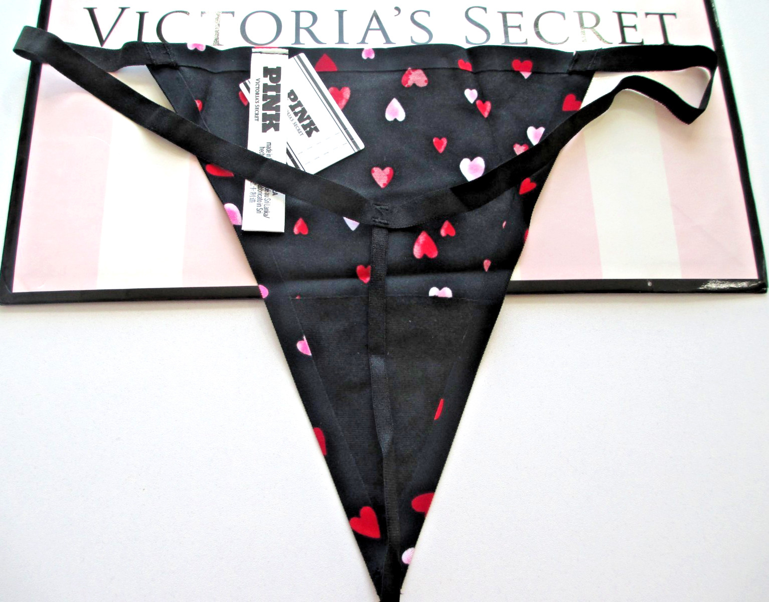 VICTORIA’S SECRET PINK No Show V-String Thong Panty VS Black Hearts S M L NWT