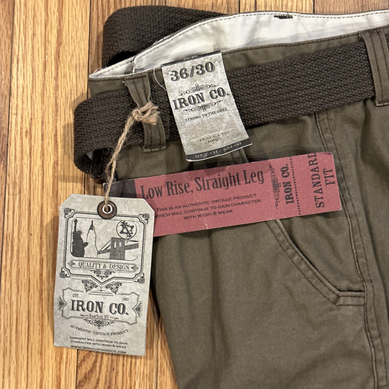 Iron Co Men’s Cargo Pants W/Belt Straight Leg Standard Fit 36×30 Olive Green NWT