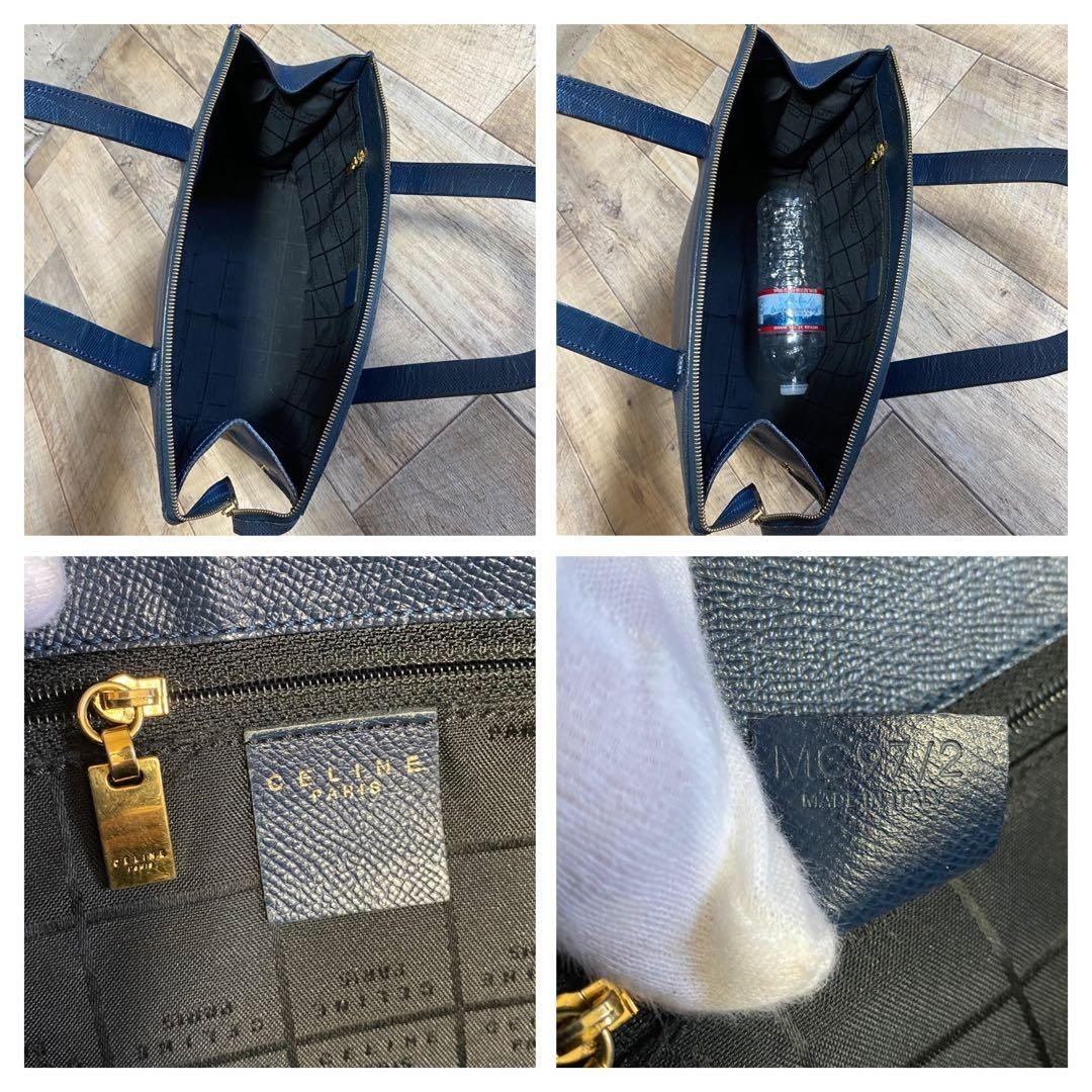 CELINE Authentic Vintage Navy Leather Tote Handbag Gold Logo Zip Top Bag