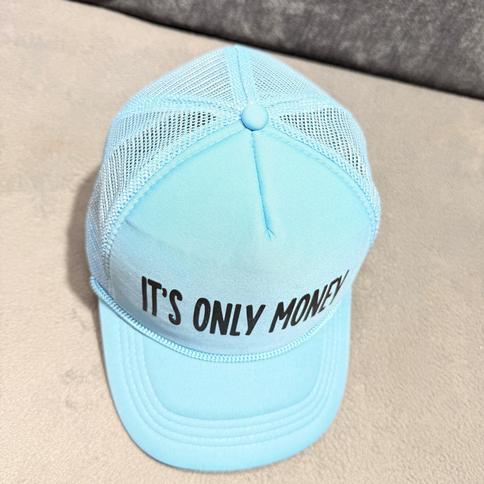 Its Only Money Light Blue Trucker Hat Mesh Back Snapback Slogan Cap