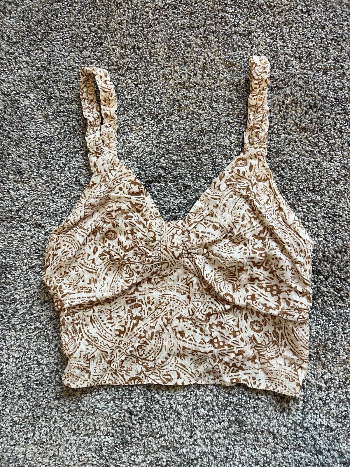 Paper Crane Women’s Medium Tan Cream Paisley Rayon Boho Crop Top