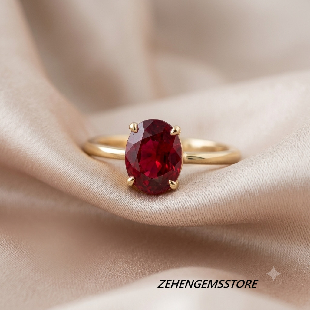 Lab Created Ruby Ring 925 Sterling Silver Gold Plated Oval Solitaire Ring