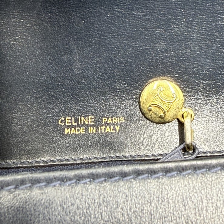 CELINE Sulky C Macadam Vintage Shoulder Bag Navy Canvas and Leather Gold-ton…