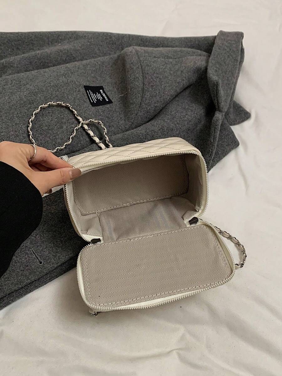 Fashionable Quilted Box Bag Plain Mini Crossbody Chain Strap Zipper Purse