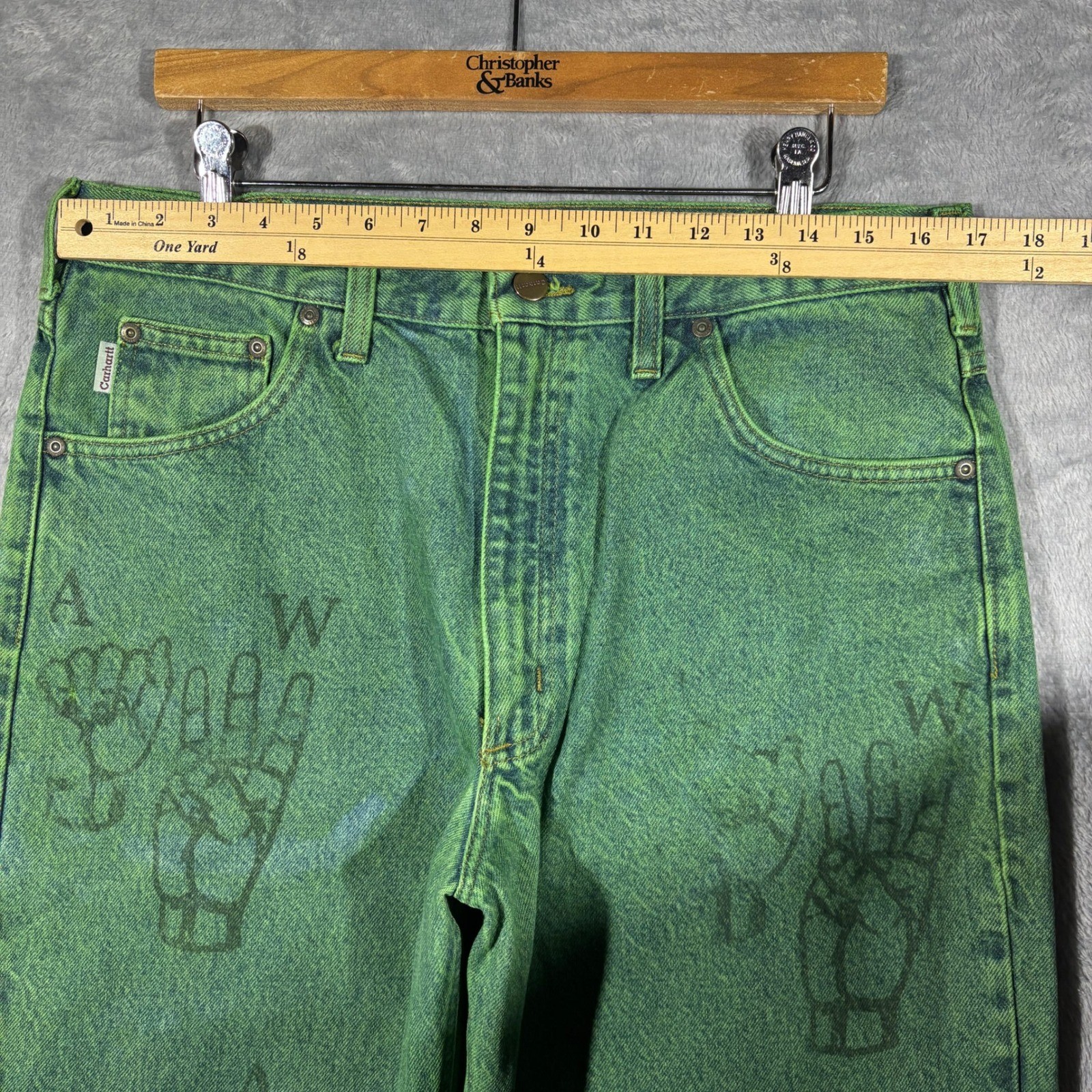 Carhartt Denim Jeans Men 35×32 B17 STW Relaxed Fit Green Hand Graphic Custom Dye