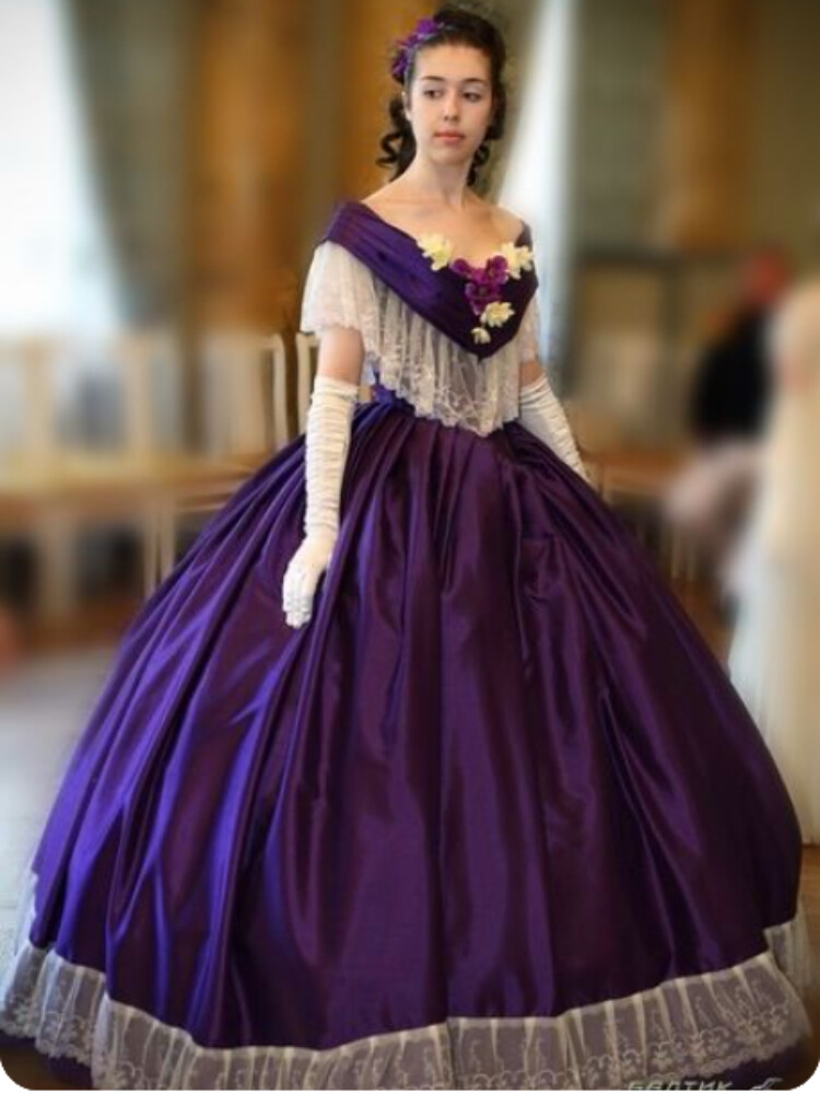 Victorian Purple Satin Lace Off-Shoulder Ball Gown Historical Costume Dresses