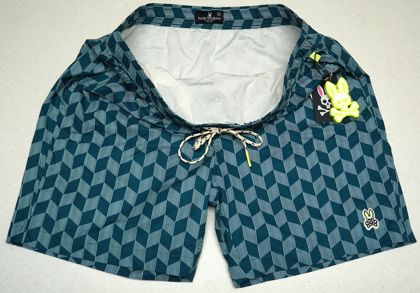 Psycho Bunny Swimsuit Mens Swim Trunks Green Geometric Board Shorts $95