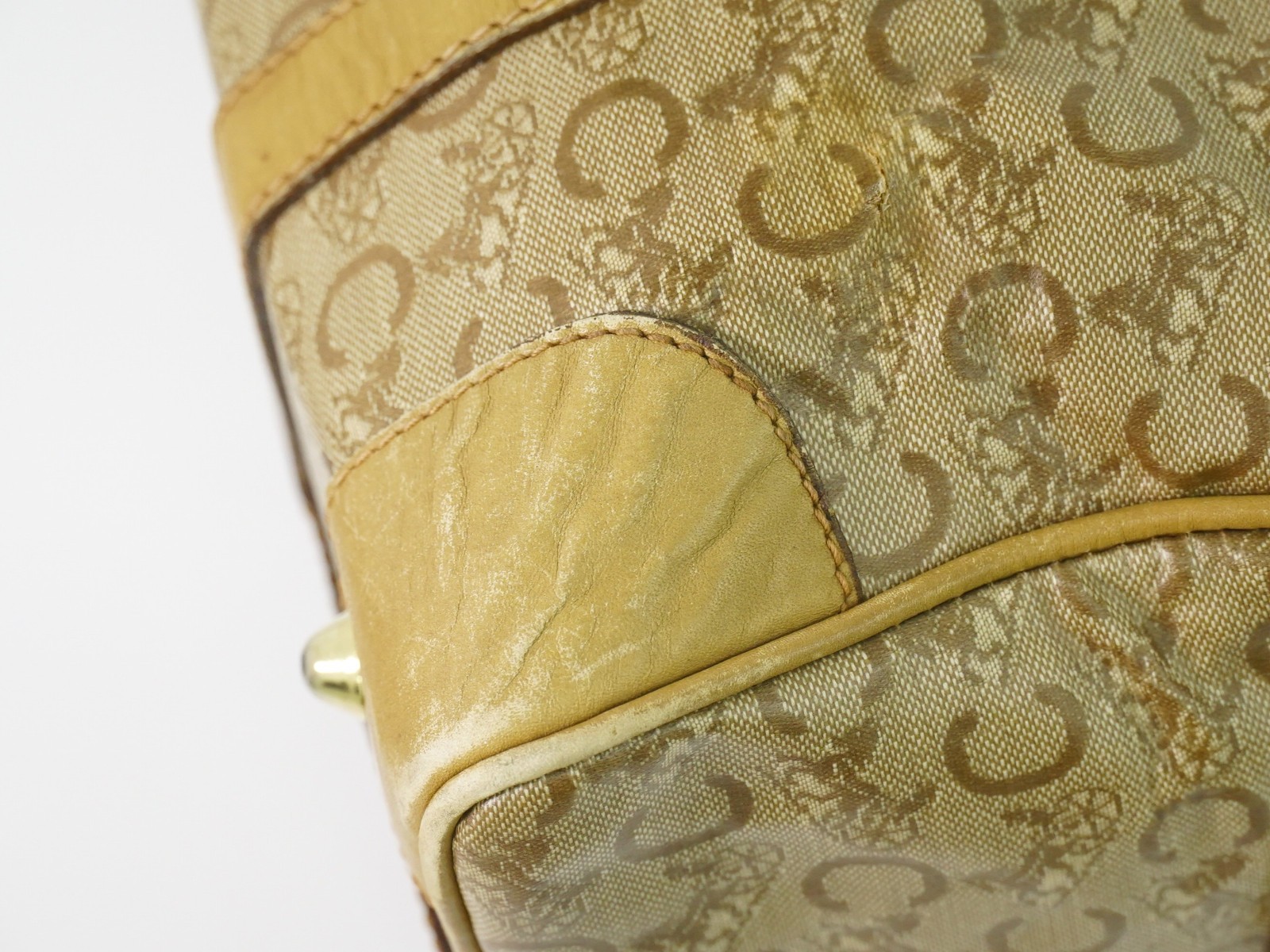 CELINE C Macadam PVC Boston Handbag Beige Gold