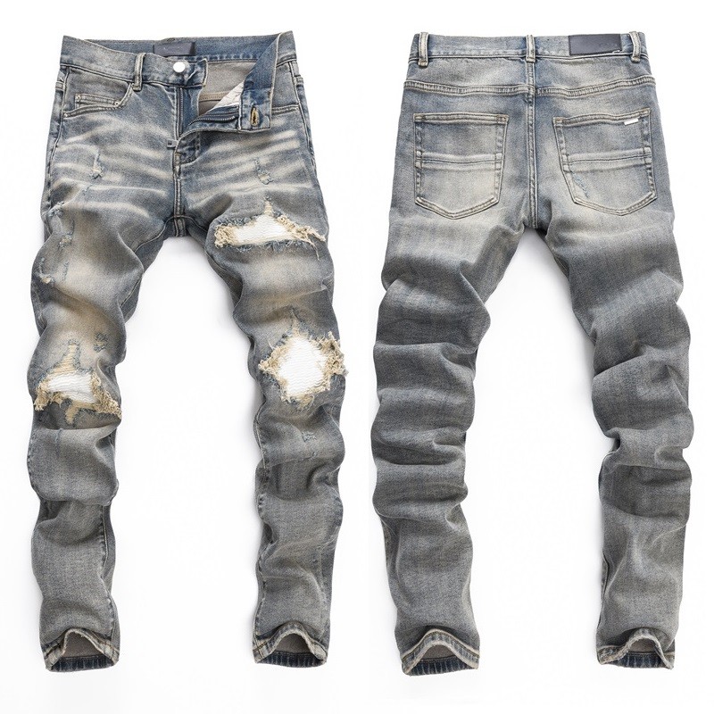 Men’s Ripped Elastic Slim fit Jeans, Retro Classic High Quality Gray Blue Pants