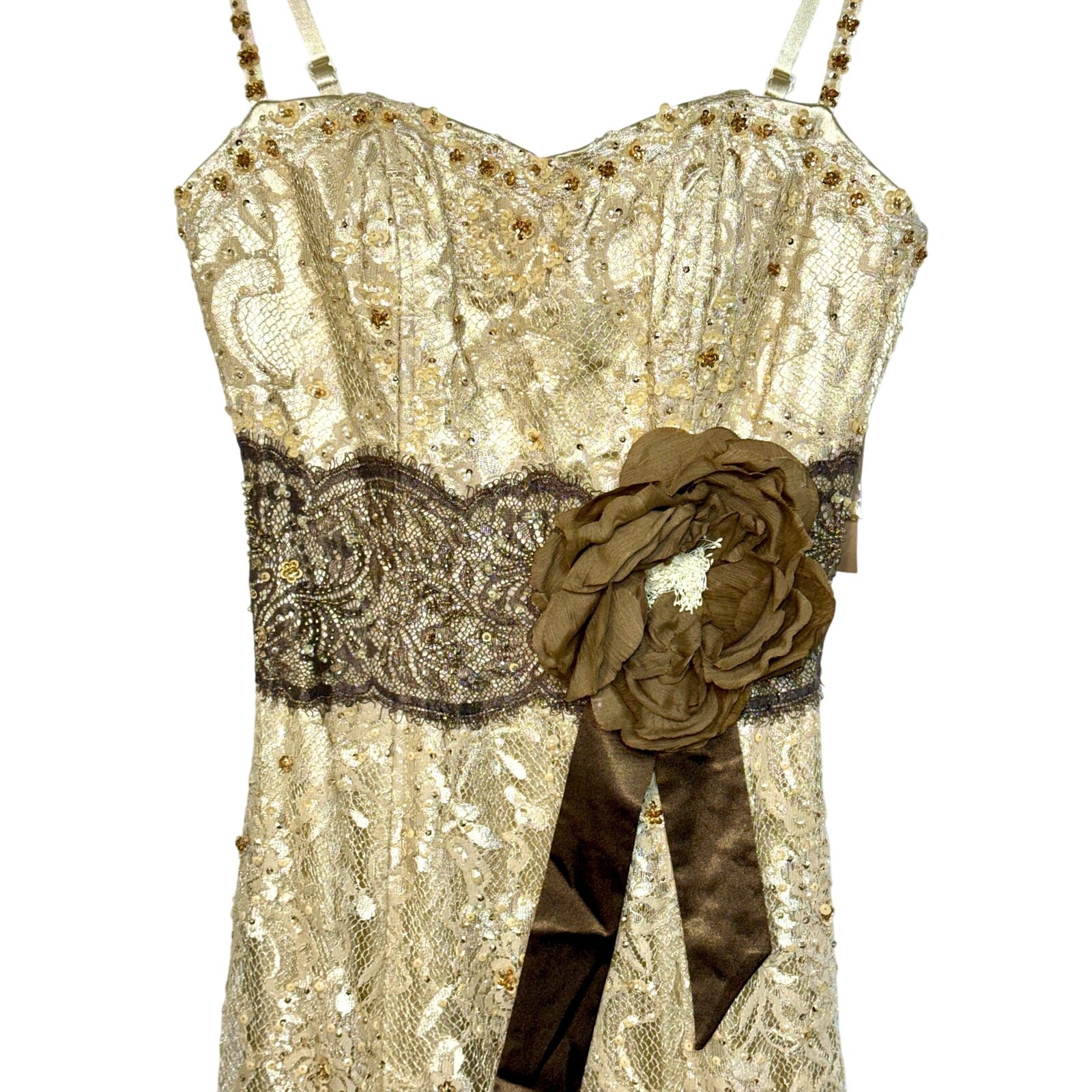 NWT Mandalay Champagne Gold Lace Beaded Sequin Long Mermaid Evening Gown Size 8