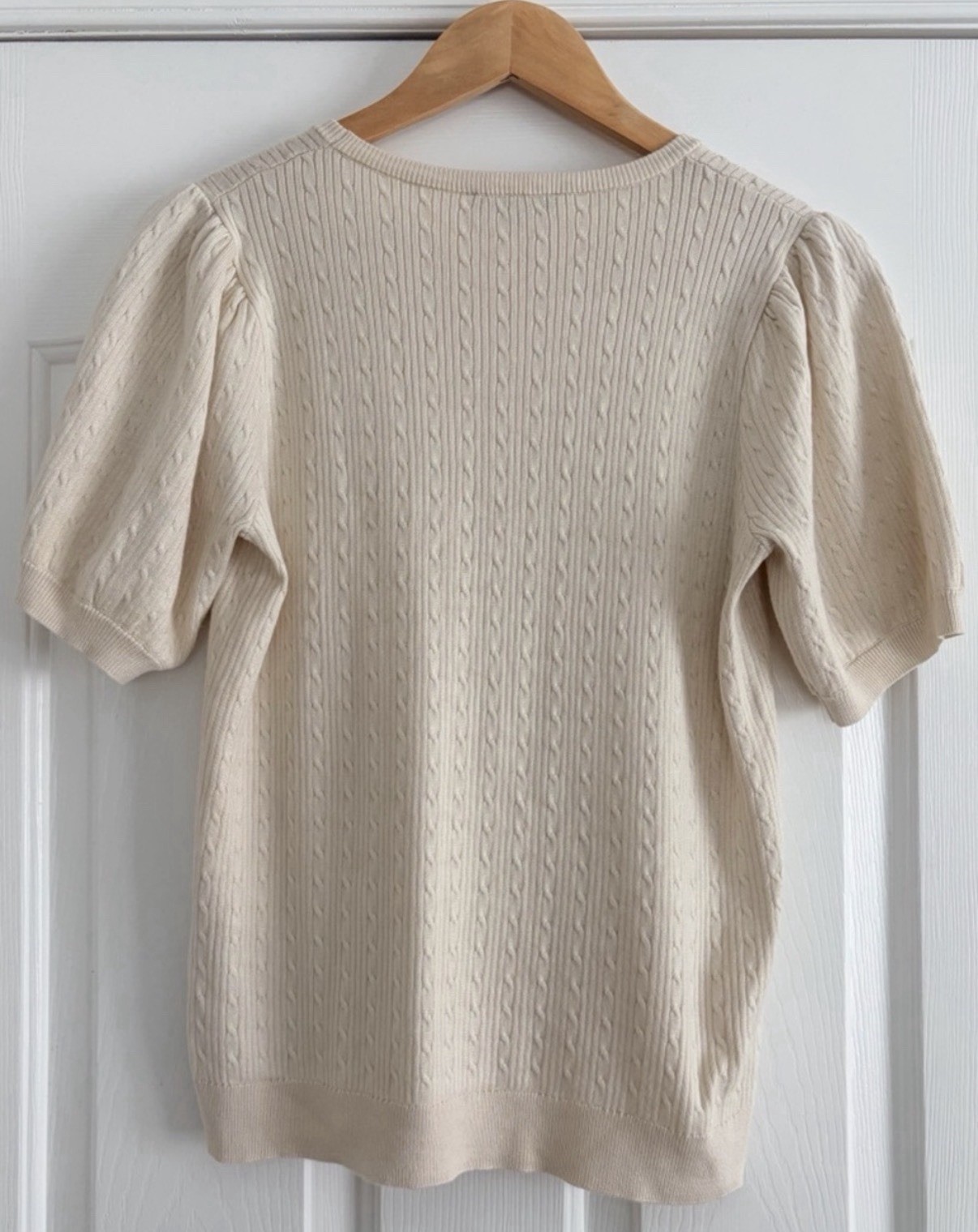 Adrianna Papell Ivory Cable-Knit Puff Sleeve Crewneck Pullover Sweater L