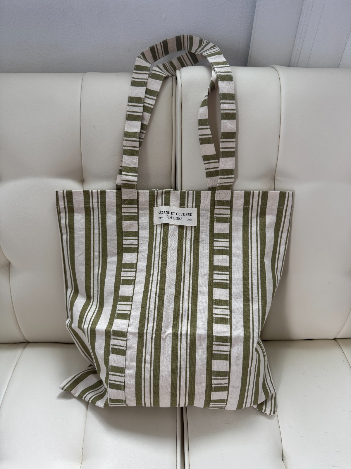 Sézane limited edition striped ecru olive khaki green cotton canvas tote NWOT