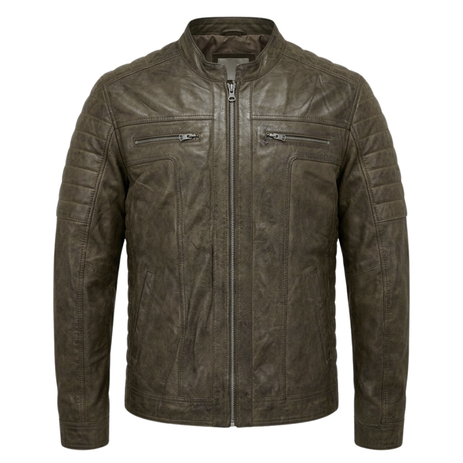 Men’s Distressed Brown Leather Jacket – Cafe Racer Style Quilted Biker Jacket