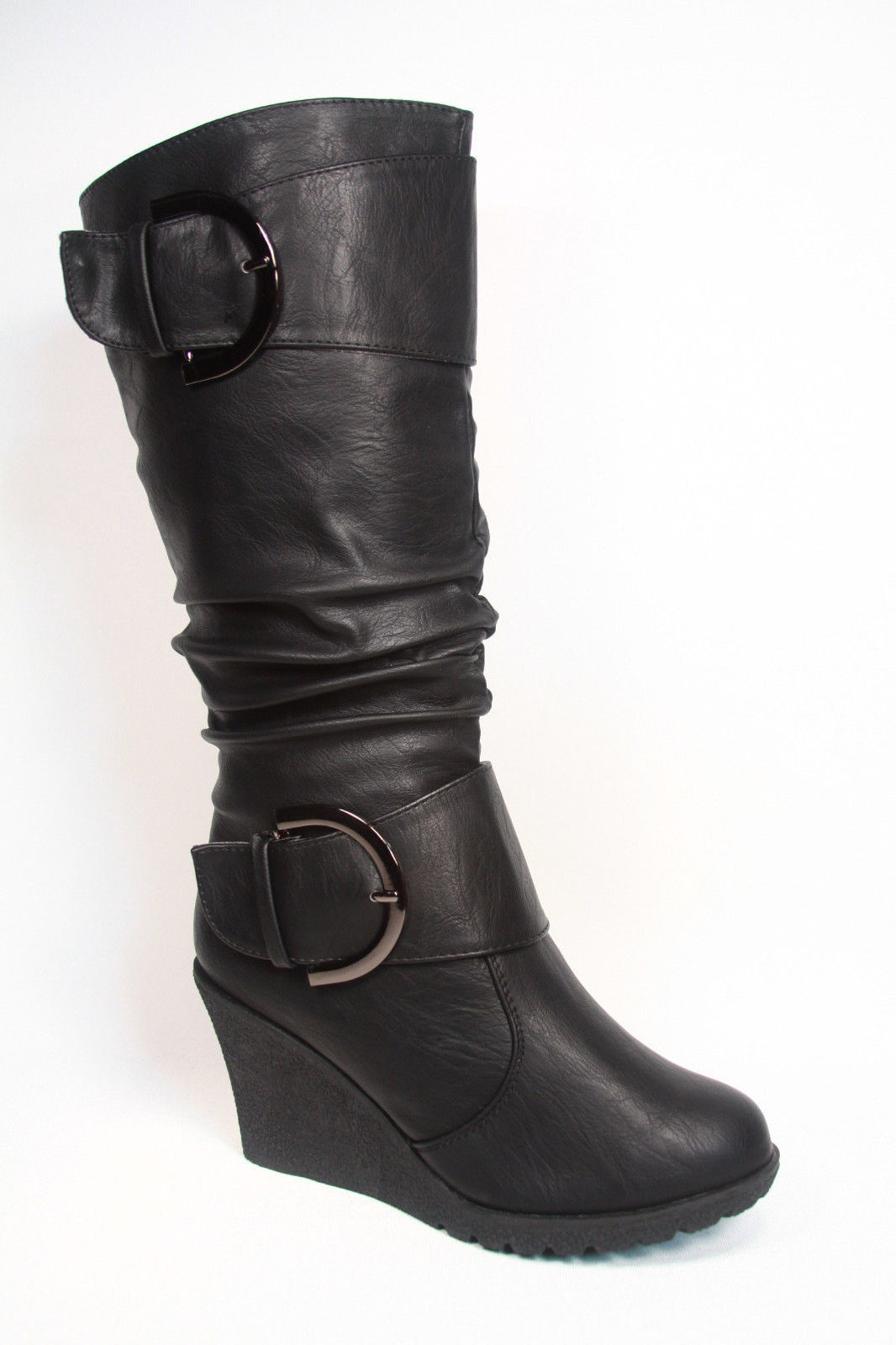 Women’s Cute Round Toe Slouch Buckle Wedge Mid Calf Boot Shoes Size 5 -11 NEW