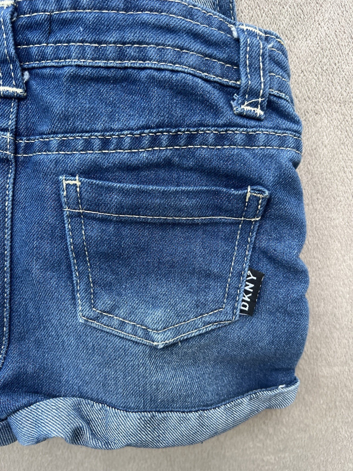 DKNY Baby Denim Shortalls Overalls Size 24M Blue Jean Pink Stripe Adjustable Leg