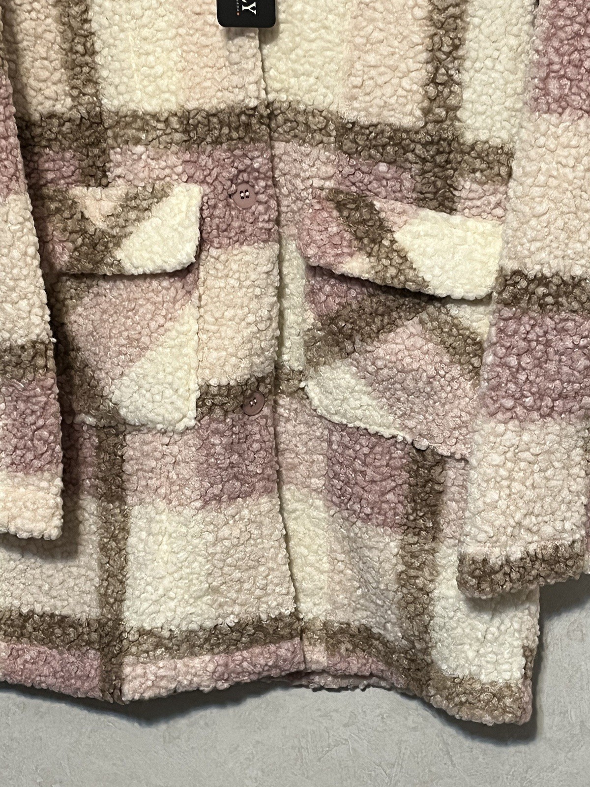 Picadilly Fleece Teddy Jacket – Pink/Beige/White Plaid Size XS – NWT Mid-length