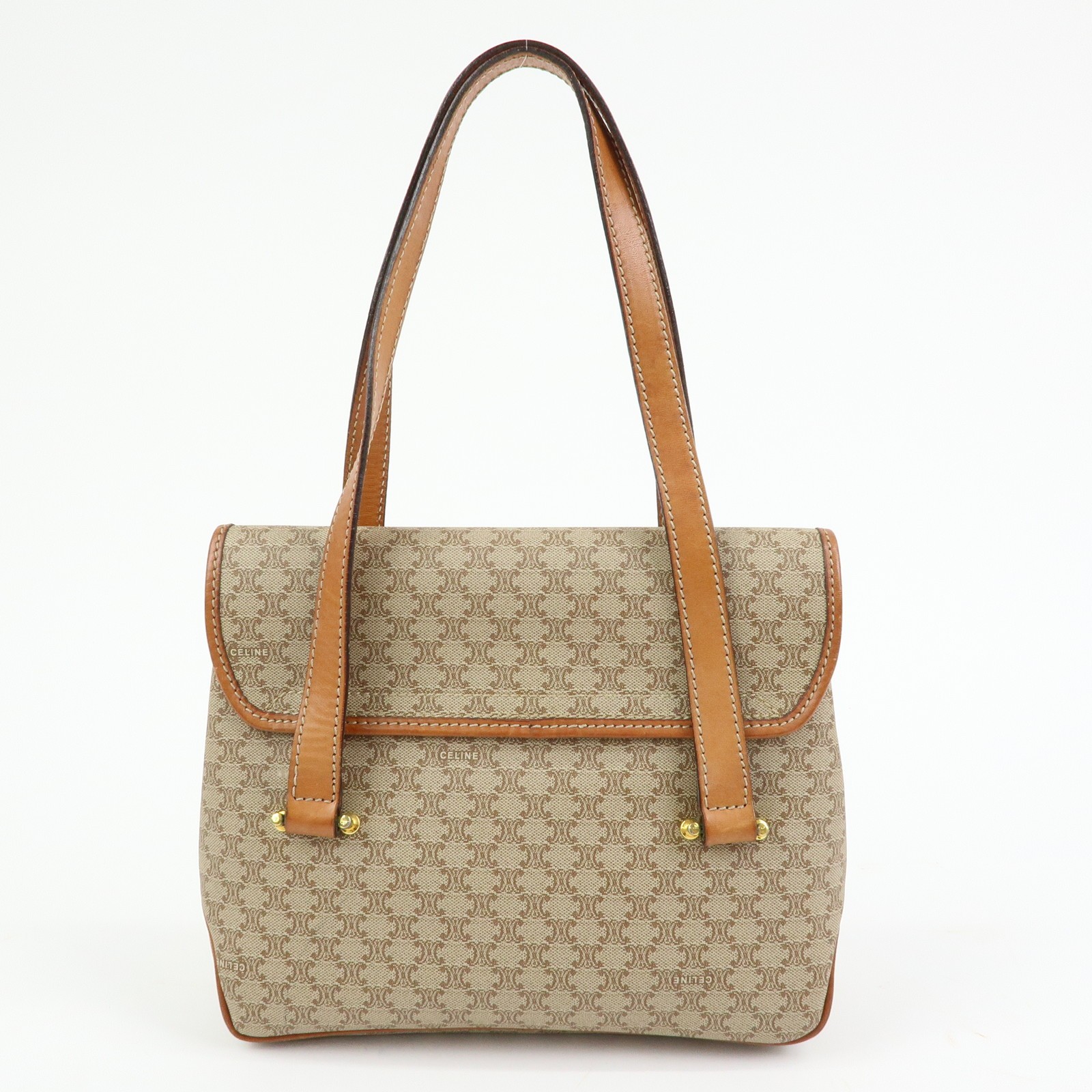 CELINE Logo Macadam PVC Leather Hand Bag Shoulder Bag Beige Brown Auth Used F/S