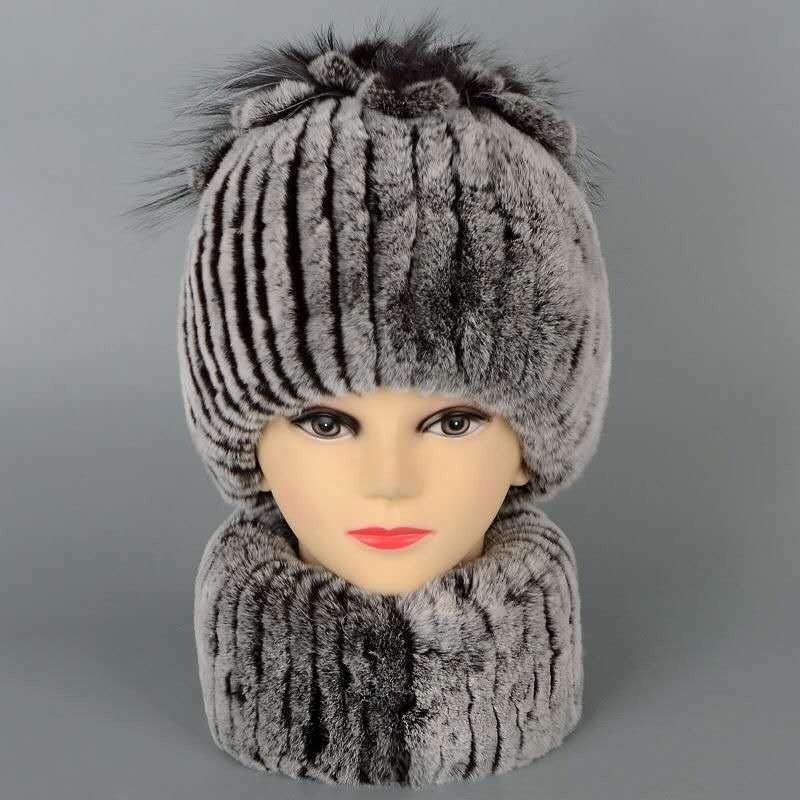 Winter Fur Hats Scarf Women Real Rex Rabbit Warm Beanie Cap With Fox Fur Fluffy