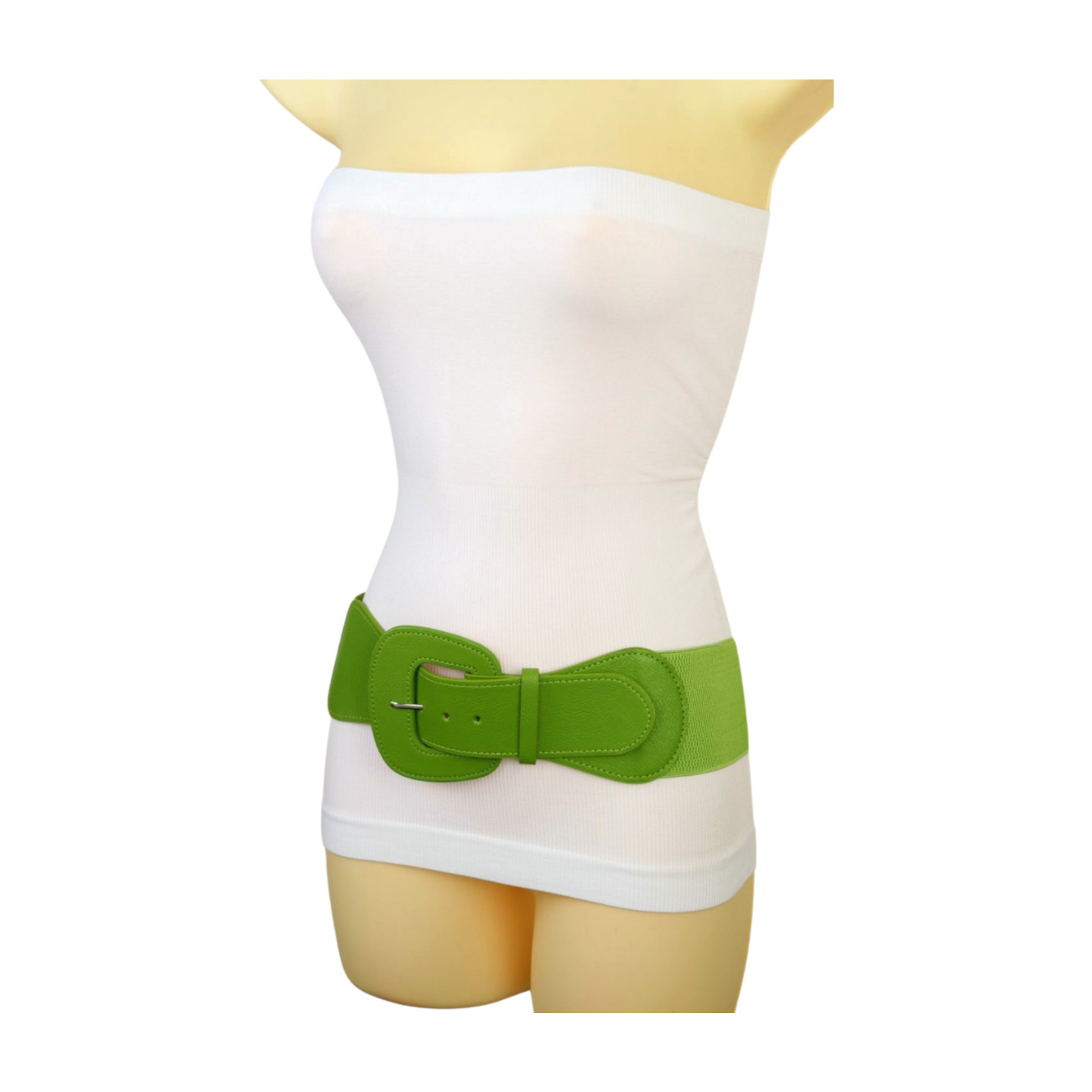 Women Olive Green Elastic Waistband Wide Popular Fun Fashion Belt Big Buckle S M