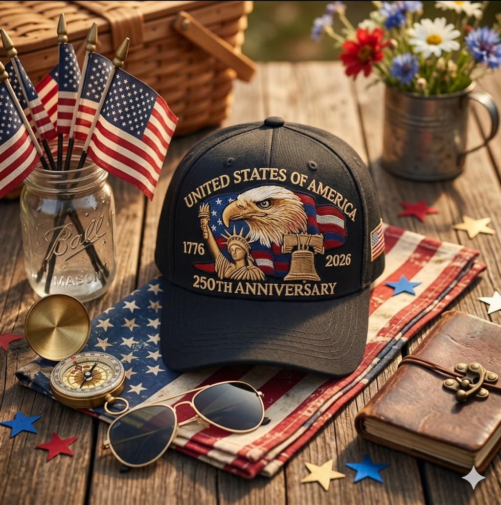 July 4th USA 250th Anniversary Cap Patriotic Veteran Gift Embroidered Adjustable