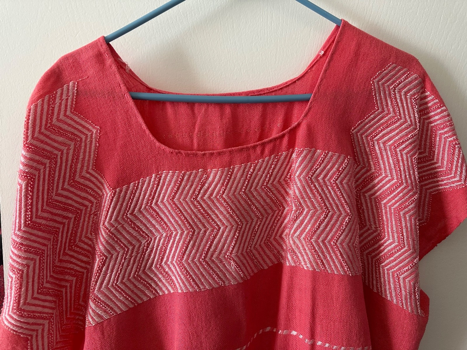 Mexican Embroidered Huipil Maya Top PEACH PINK cotton white embroidery – Large