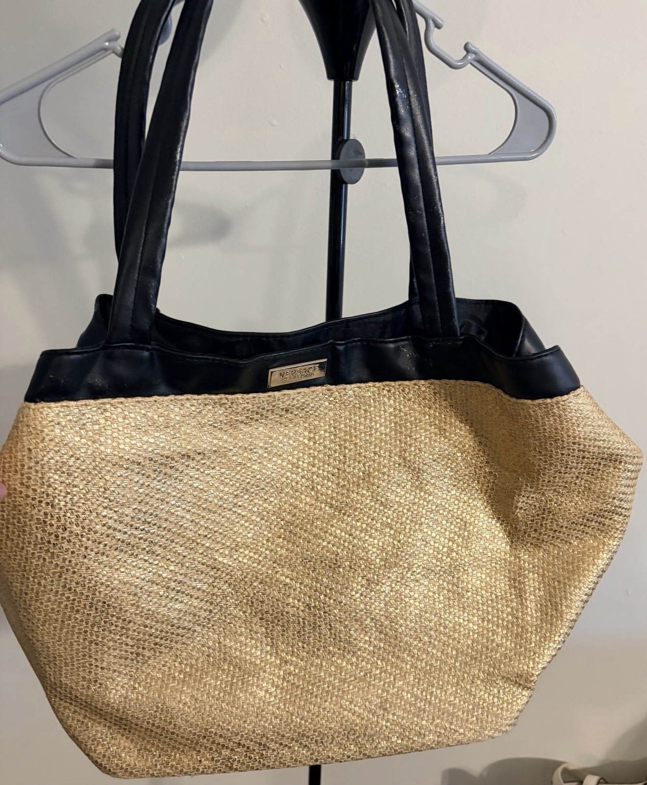 Versace Beige & Black Tote Bag Double Handles Magnetic Closure Pockets