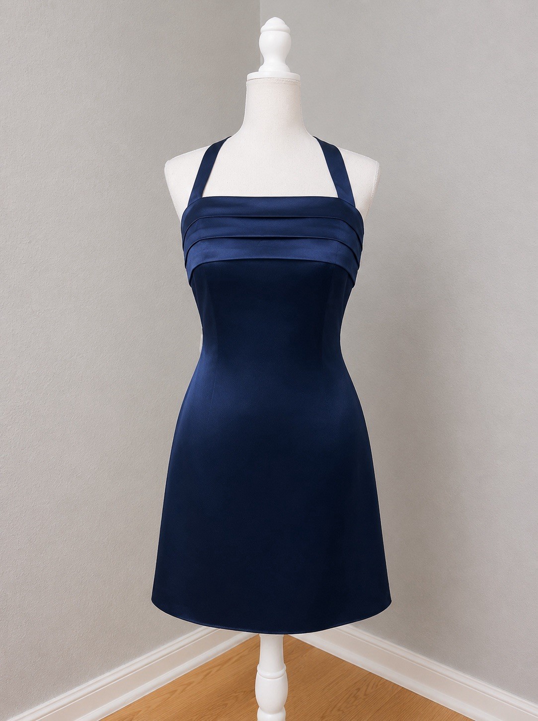 #9 – 8A. Navy Halter style pleated front bodice satin slip dress-Size 0 (XS);