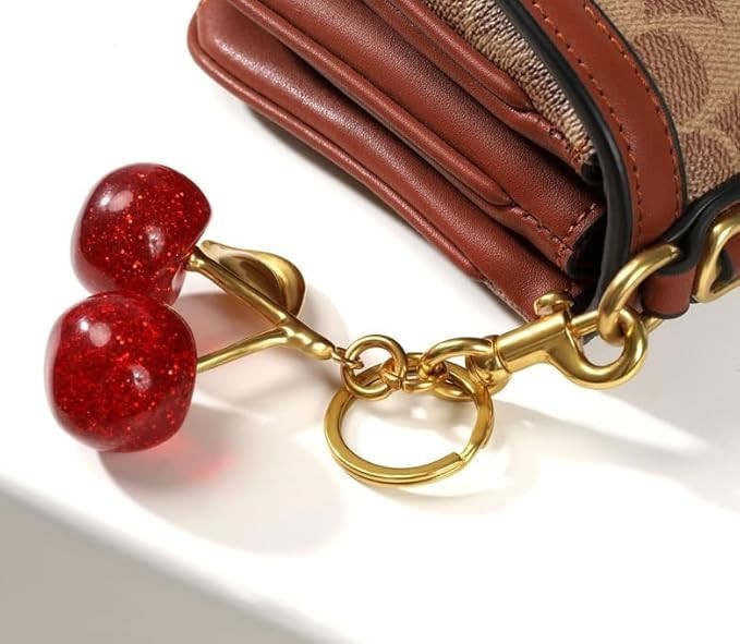 NEW Red Cherry Apple Bag Charm Keychain Resin Metal Brass Purse Decoration US