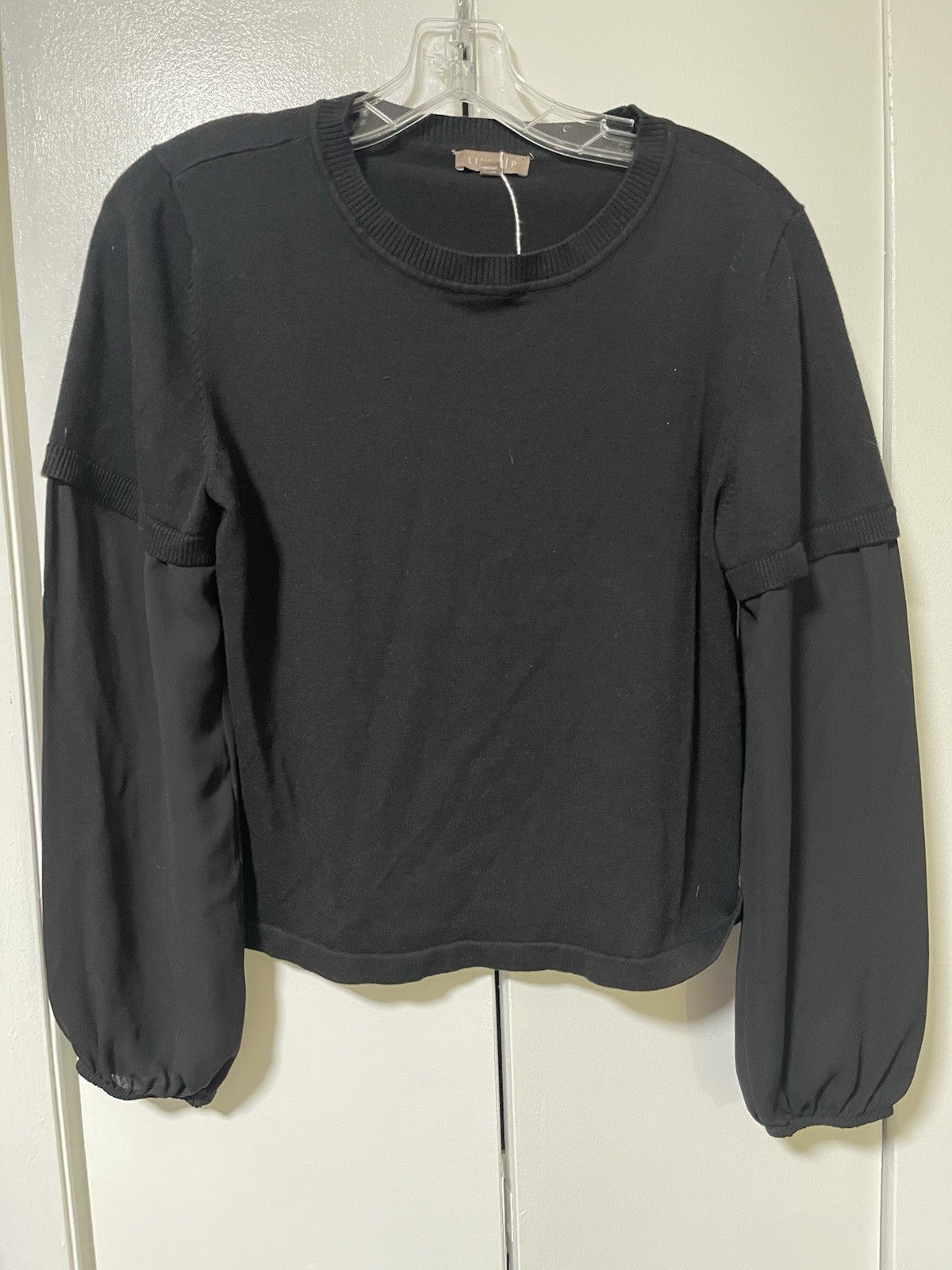 Lilla P Women’s M Black Solid Knit Crew Neck Balloon Long Sleeve Pullover Top
