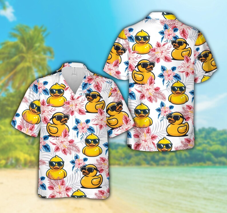 Tropical Rubber Duck Hawaiian Shirt Hibiscus Flowers And Sunglasses Duck