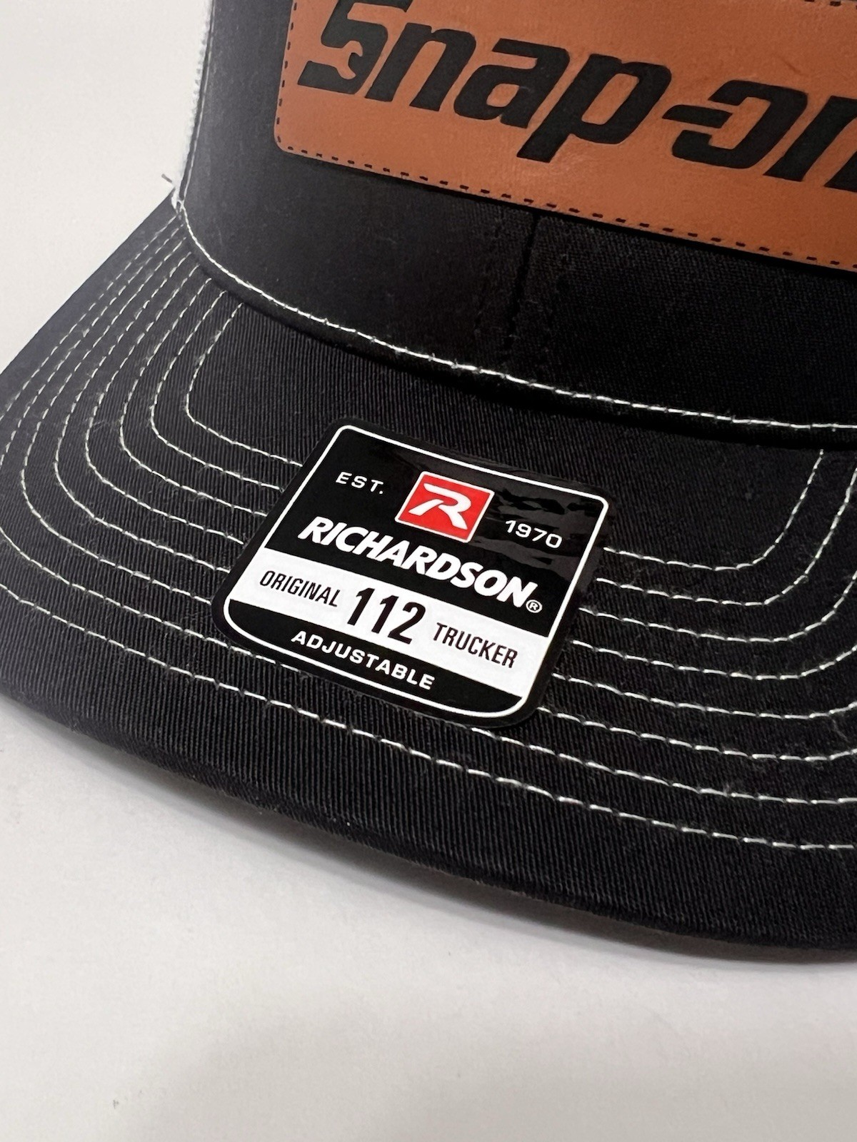 Snap-On Leather Patch Richardson 112 Hat Black/White NWT Mesh Back Trucker Cap