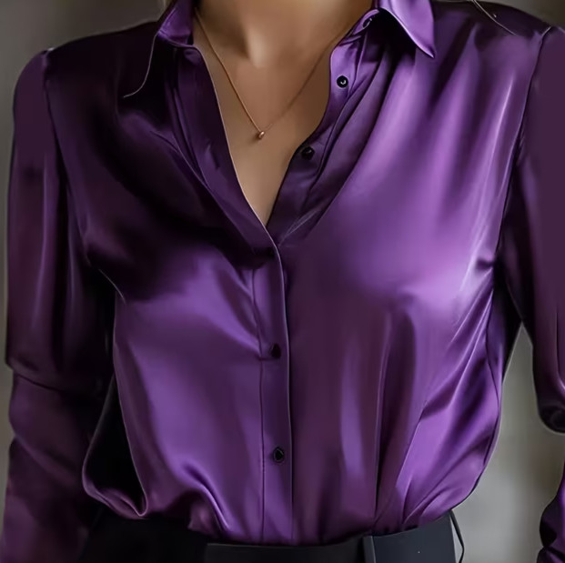 New Classy Elegant Silky Sensuous Purple Satin Long Sleeve Blouse Plus 2XL NEW