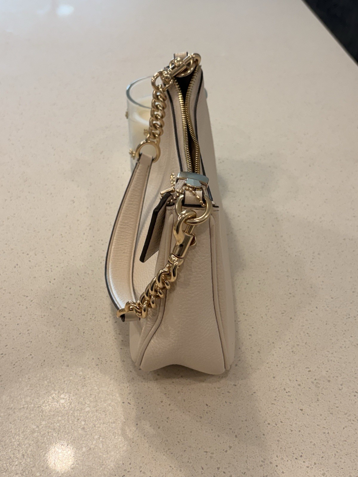Coach Small Ivory Pebbled Shoulder Bag Gold Chain Strap Zip Top Detachable