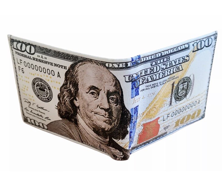 New $100 Dollar Bill Print Leather Wallet Leather Printed Bifold Novelty Wallet