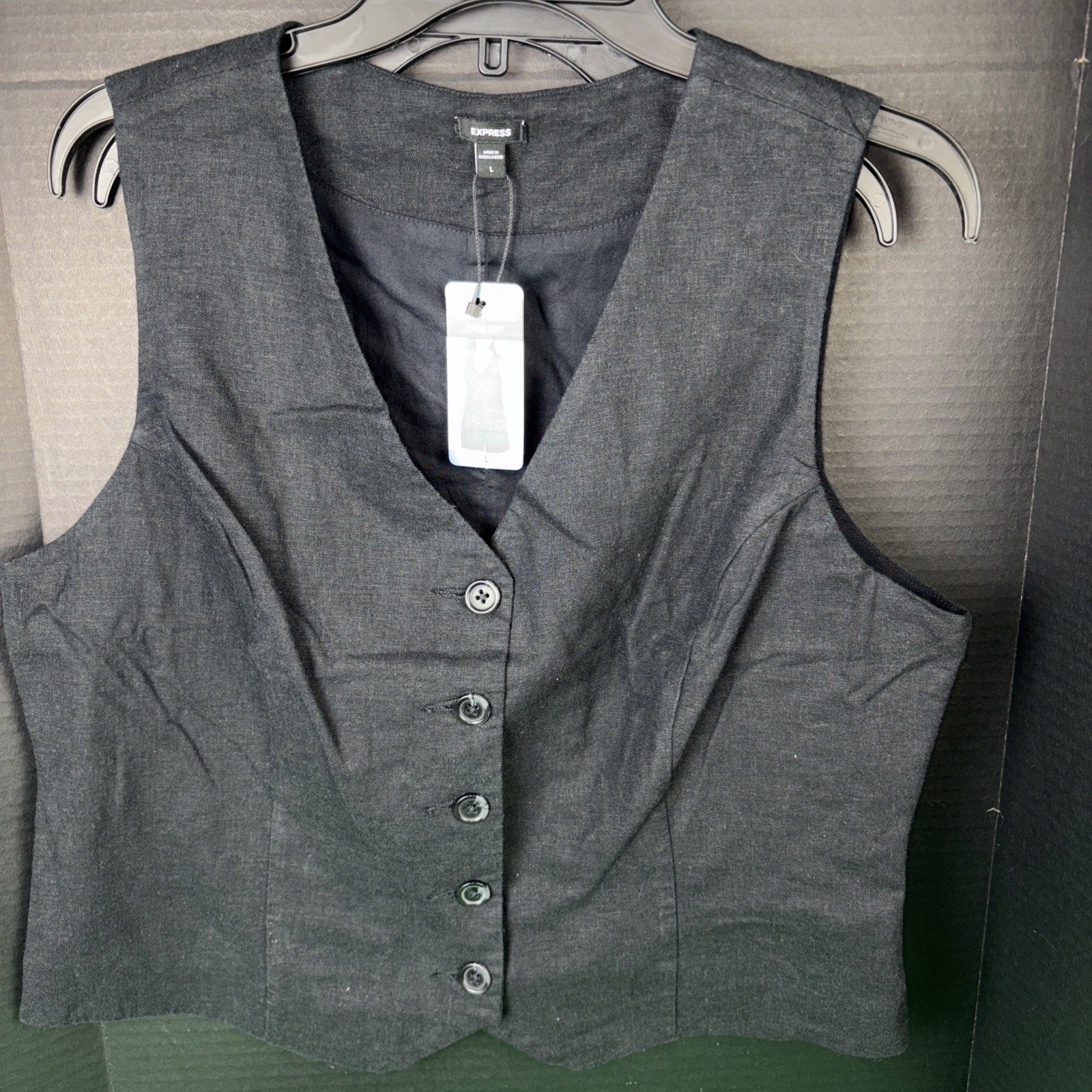 Express Linen Vest Womens Size L Black Button Front V-Neck Classic Look NWT
