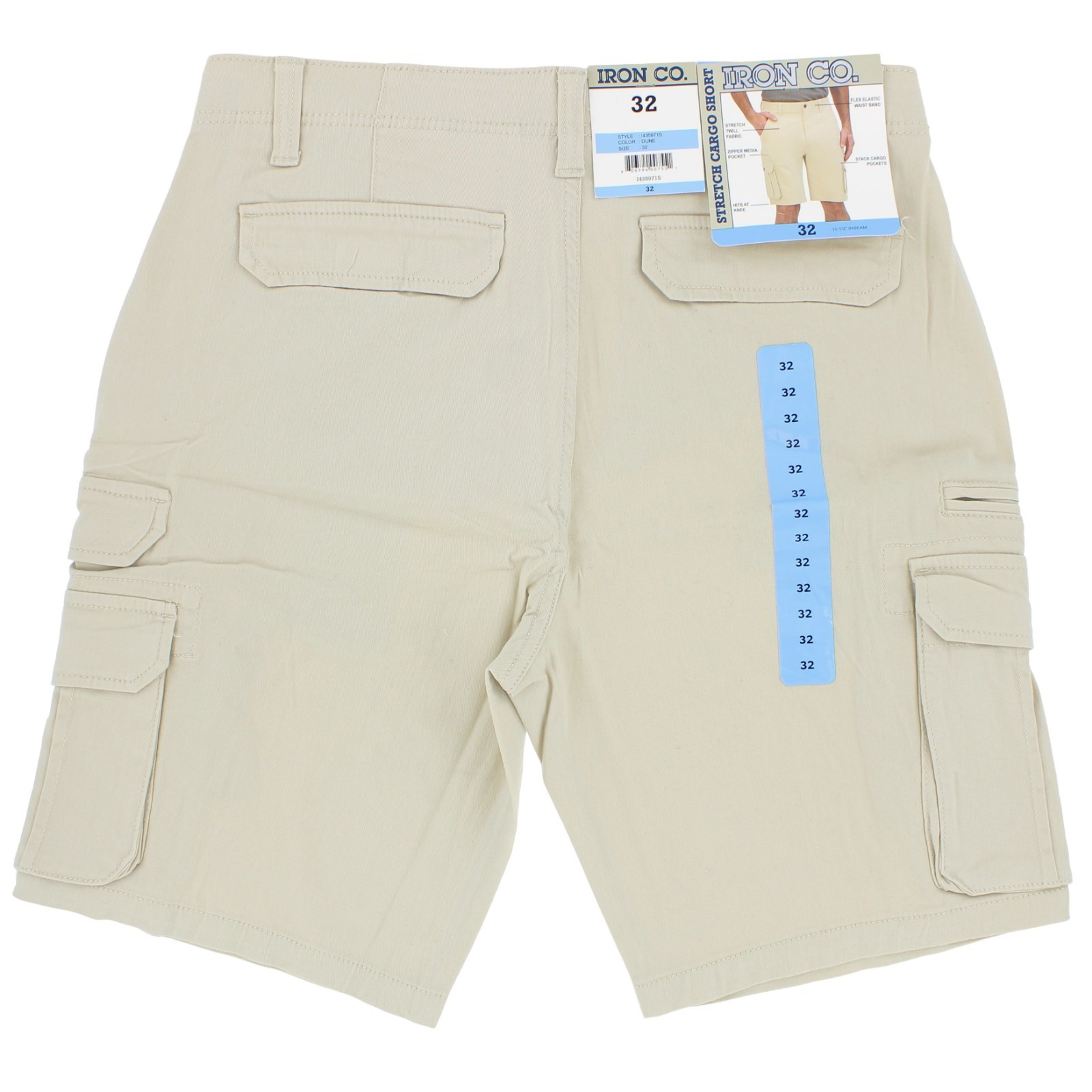 Iron Co Stretch Twill Cargo Shorts, Stack Pockets with Zipper, 10.5 in Inseam