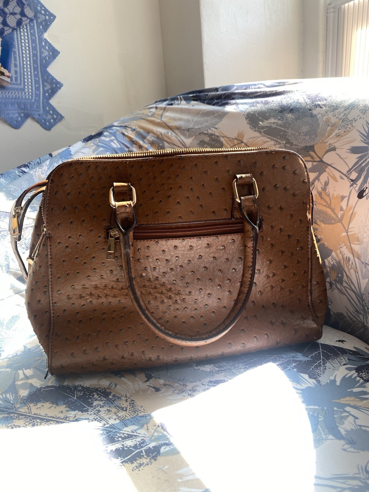 CATO Brown Textured Faux Ostrich Satchel Handbag Structured Double Zip Purse