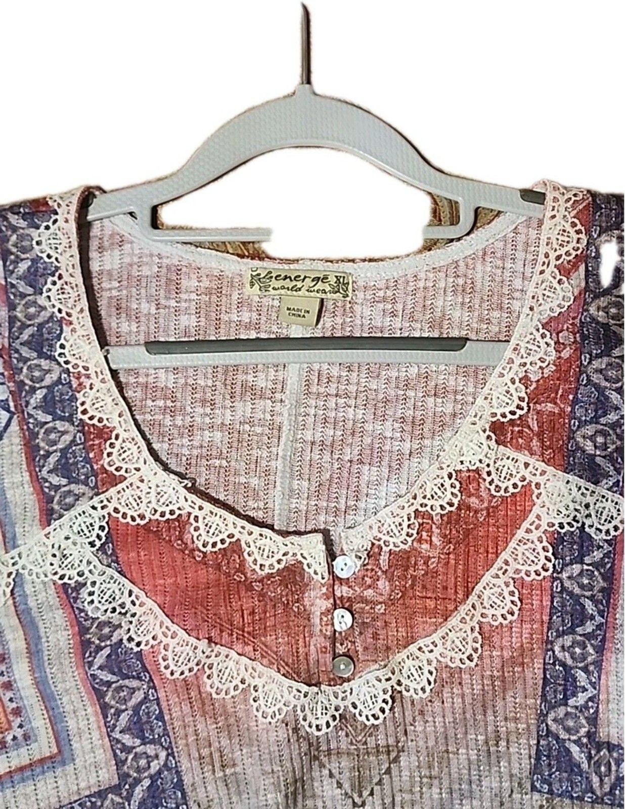 Energie Women’s Top XLarge Boho Patchwork Lace Trim Short Sleeve Festival Blouse