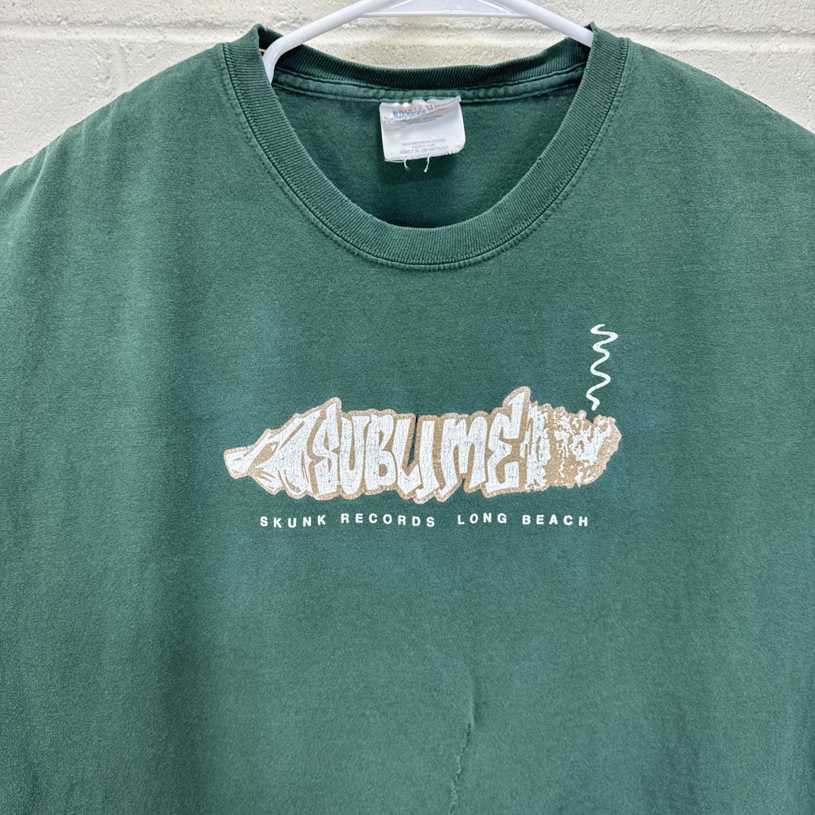 VINTAGE SUBLIME SKUNK RECORDS LBC Joint Logo 90’s T Shirt XL Green Repaired RARE