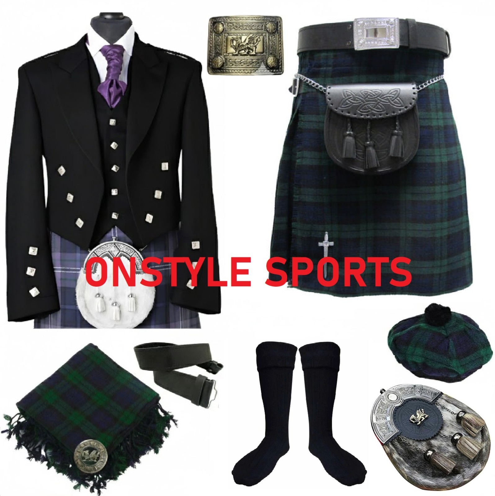 10pc Black Watch Kilt Outfit – Full Scottish Highland Dress Set – All Sizes