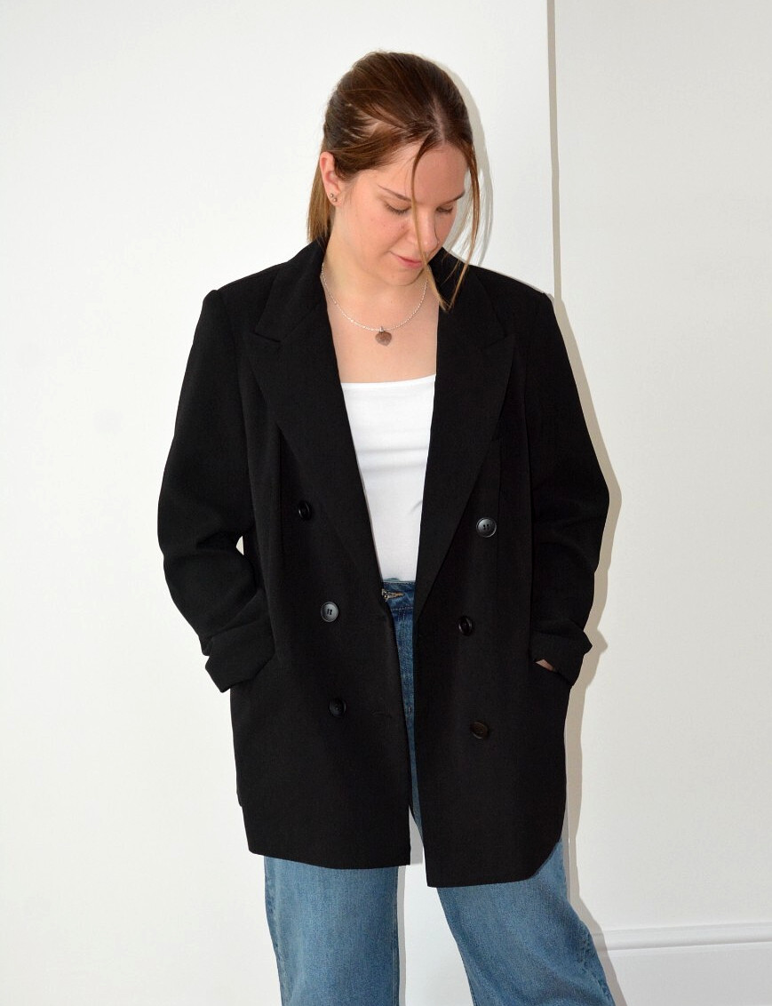 EX PRIMARK BLACK LAPEL DOUBLE BREASTED FULLY LINED BLAZER/JACKET SIZE 16-18-20