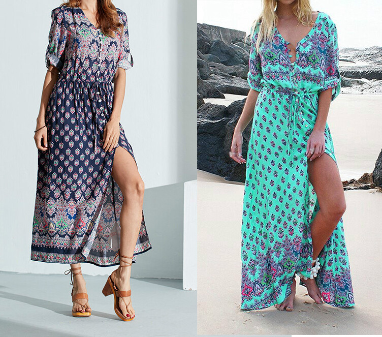 Women’s Casual Sundress Boho Beach Slit Long Maxi Floral Summer Beach Dress