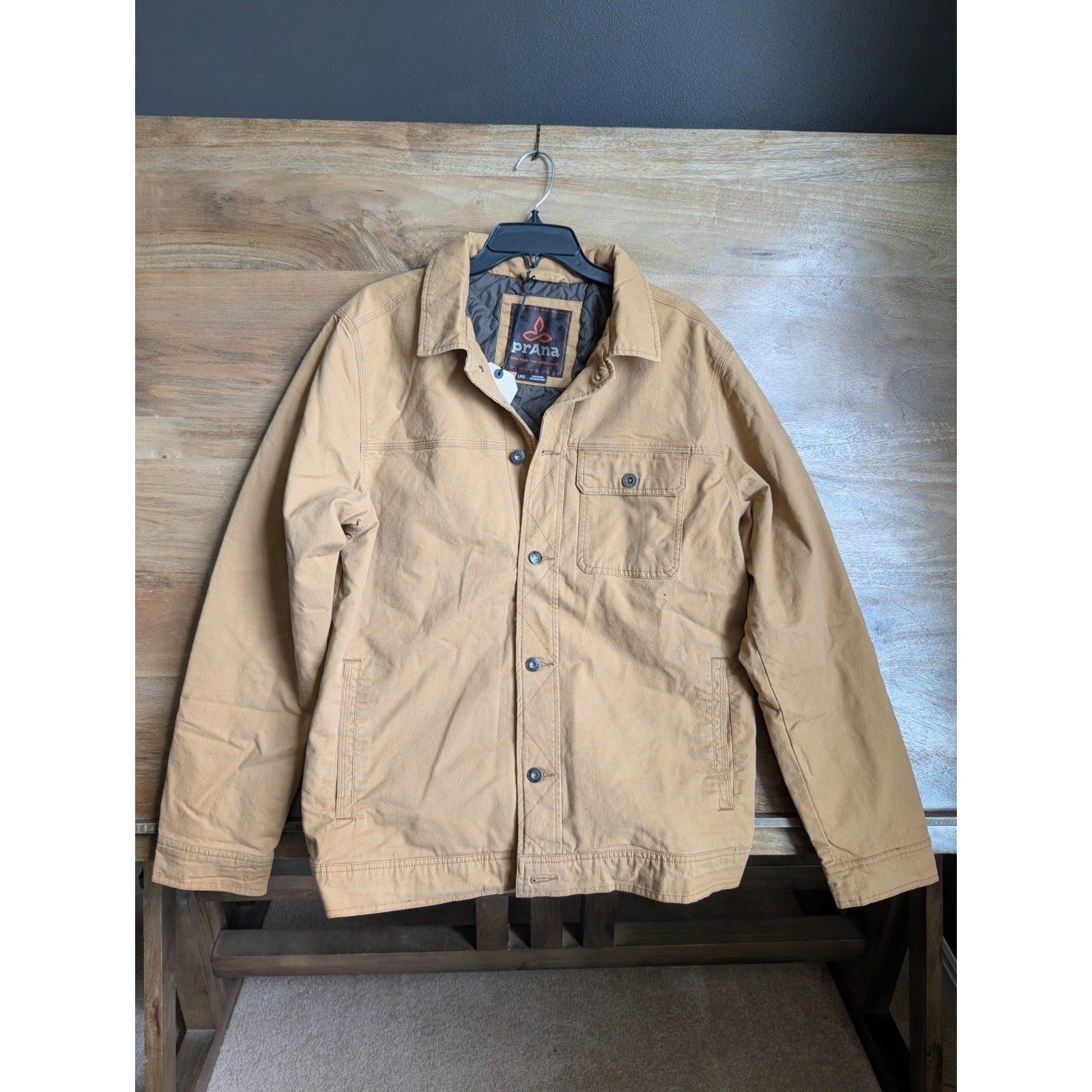 prAna Trembly Insulated Jacket Mens Large Tan Canvas Quilted Lined Button Front