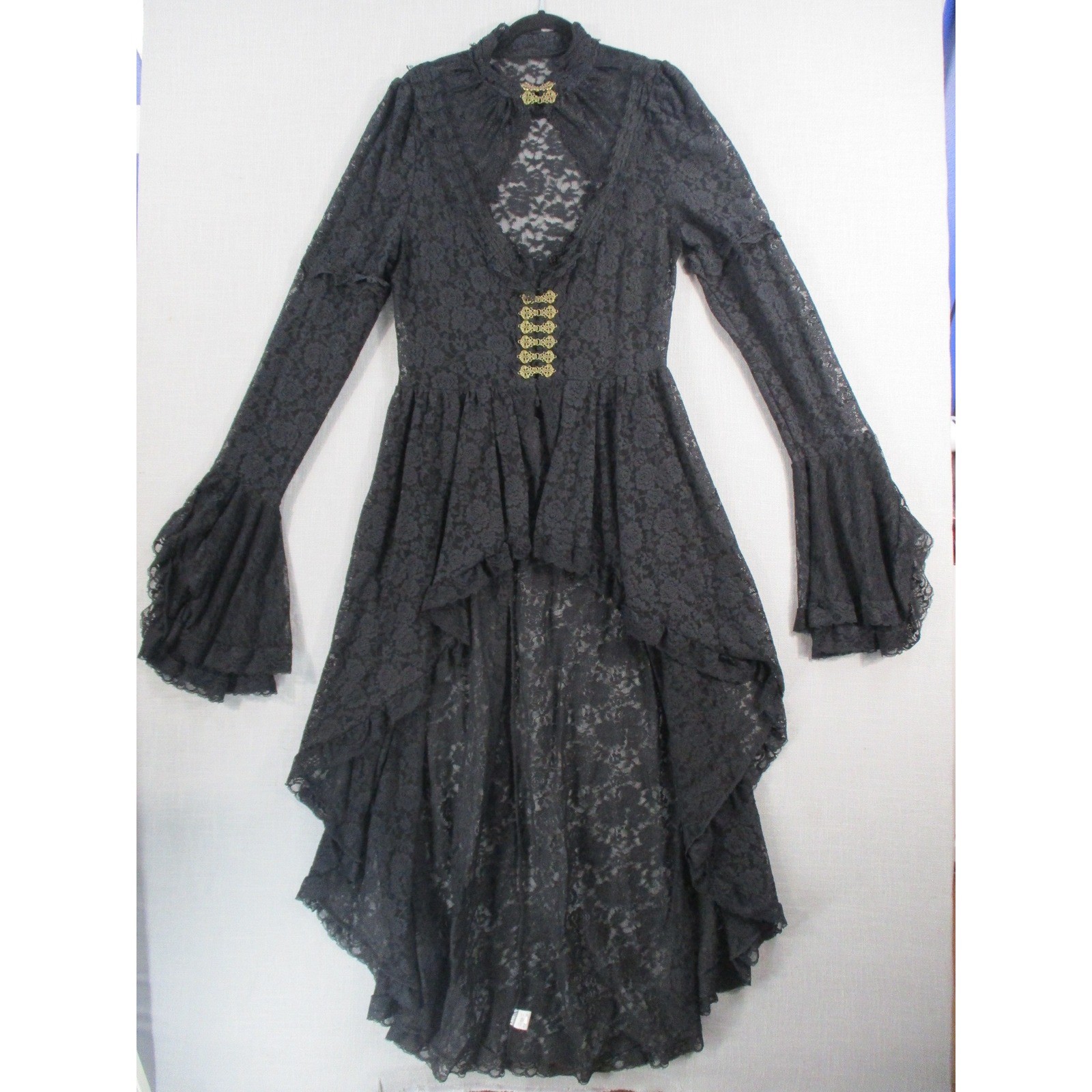 Gothic Black Lace High Low Dress Bell Sleeve Victorian Steampunk Dress Top