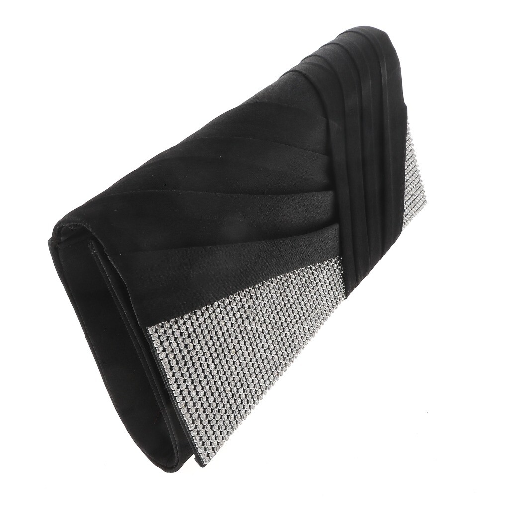 Fashion Satin Fabric Clutch Bag with Folded Front Rhinestone WYQ074-BLK