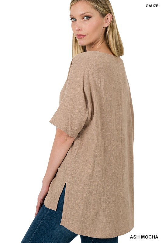 Womens Crinkled Gauze Cotton Short Elbow Sleeve Hi Low Loose Fit Top S-3X
