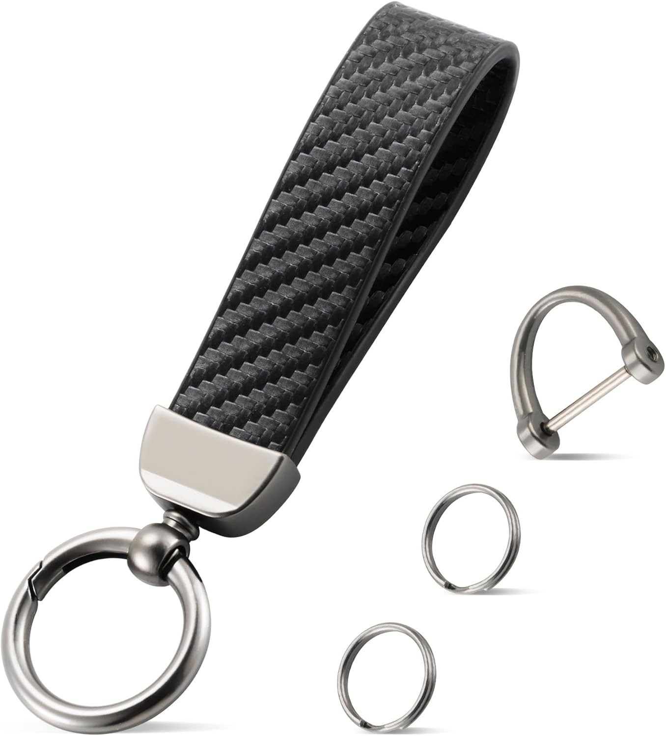 Leather Keychain, Carbon Fiber Car Key Chain with Anti-Lost D-Ring