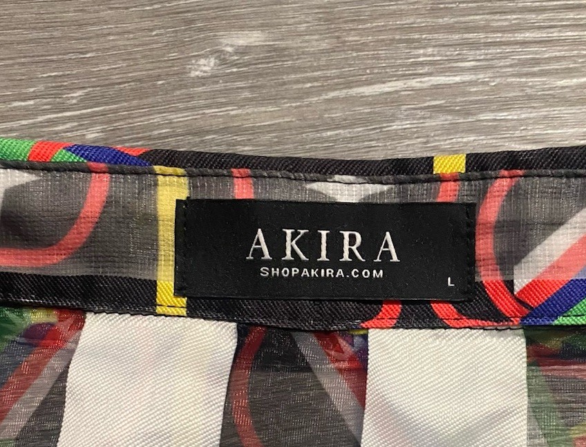 Akira Womens Collared Long Balloon Sleeve Button Front Top Colorful Sheer EUC