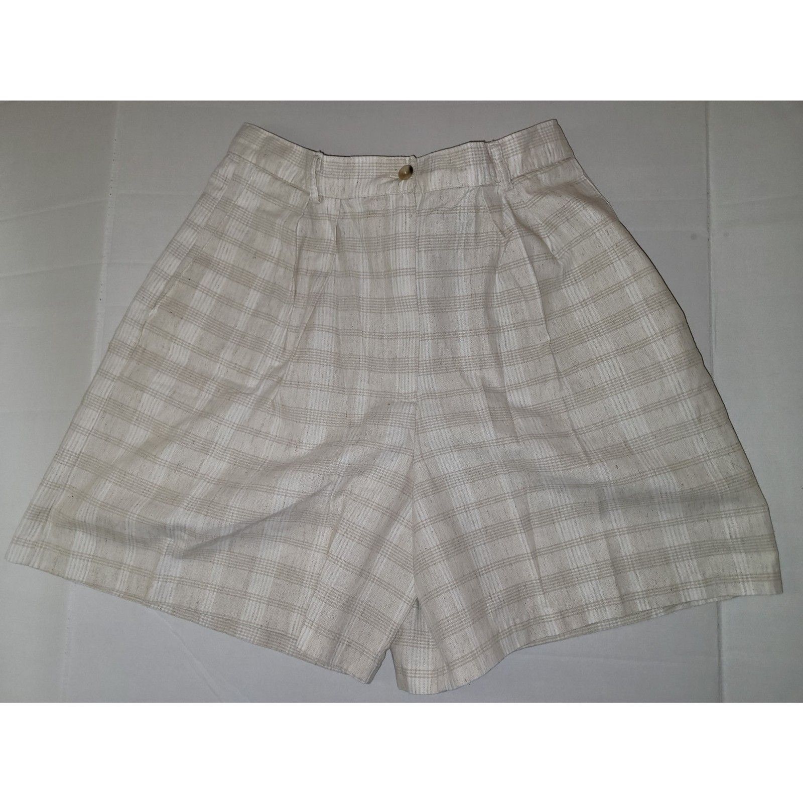 Vintage Style Gingham Plaid Pleated Shorts Tan Beige White Size16