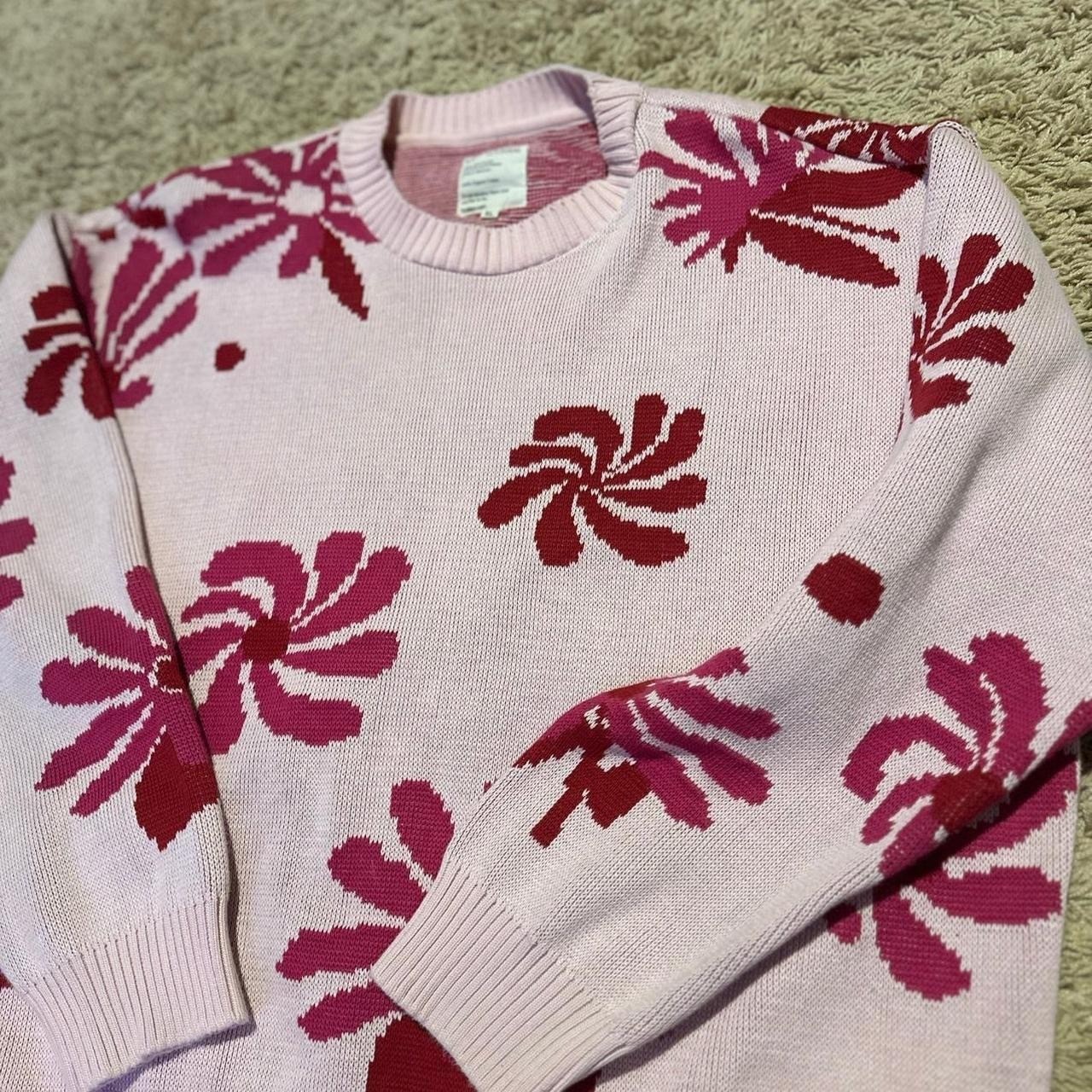 For Days WK8000 Organic Cotton Floral Intarsia Sweater Pink Magenta XL